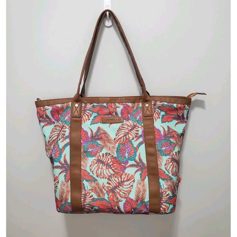 Merrell Canvas Tote Bag Tropical Floral Monstera Leaf Pattern Teal Brown